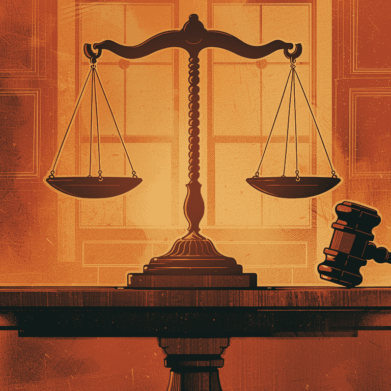 Illustration of a justice scale and judge's gavel in a courtroom setting.