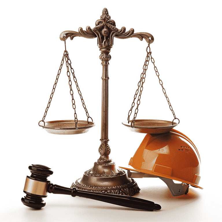 Scale of justice, gavel, and safety helmet on a wooden desk.