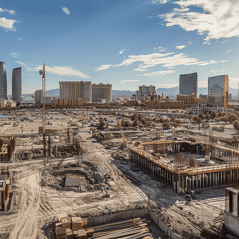 Panoramic view of a Las Vegas construction site with city skyline