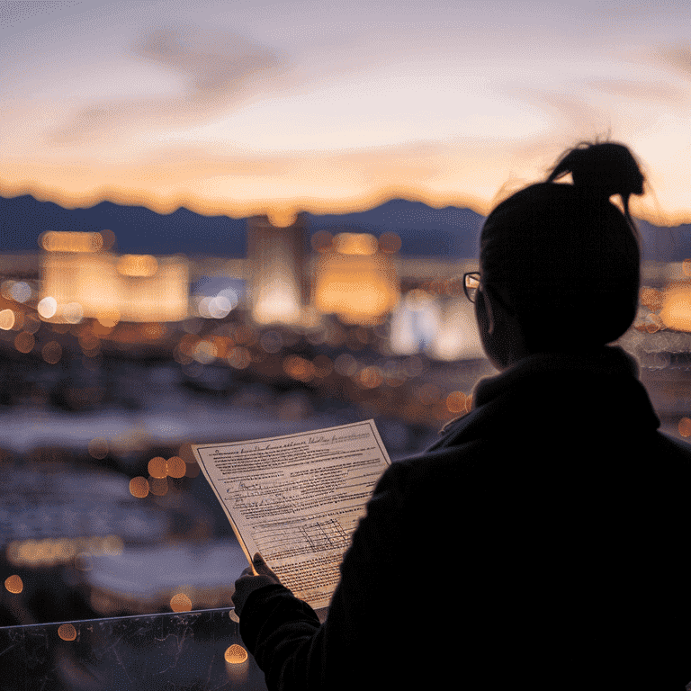 Silhouette of a lawyer with Las Vegas skyline at twilight.