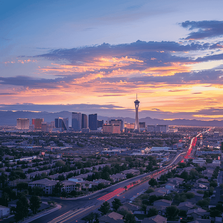 Sunset over the Las Vegas skyline, representing the city's vibrant community and legal opportunities.
