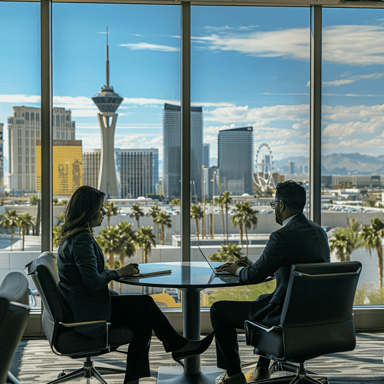 Lawyer discussing case with client in office overlooking Las Vegas.