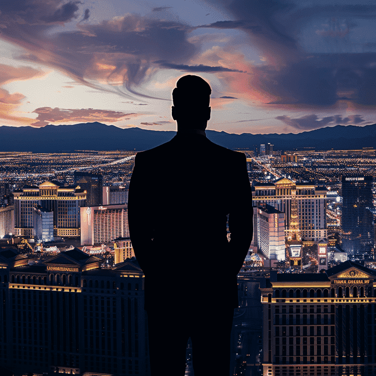 Silhouette of a lawyer overlooking the Las Vegas skyline at dusk.