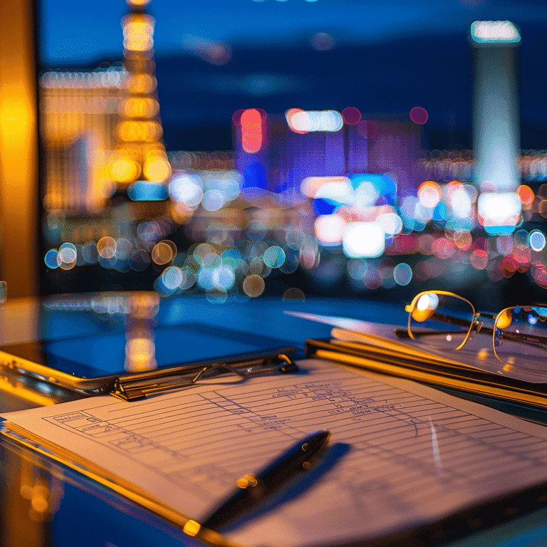 Legal consultation setup with notepad and Las Vegas city lights in the background.