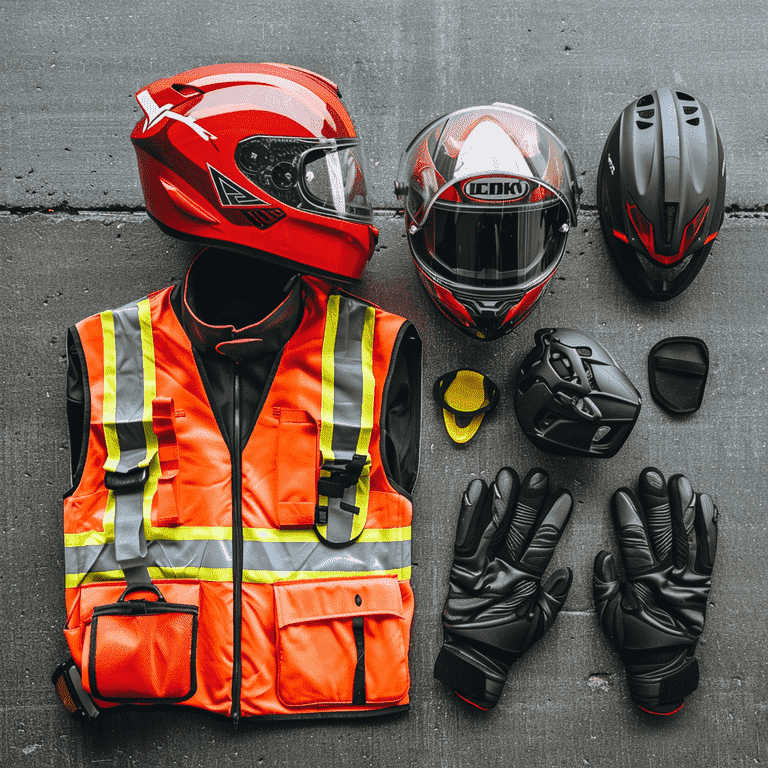 Motorcycle safety gear array including helmet, gloves, and reflective vest.