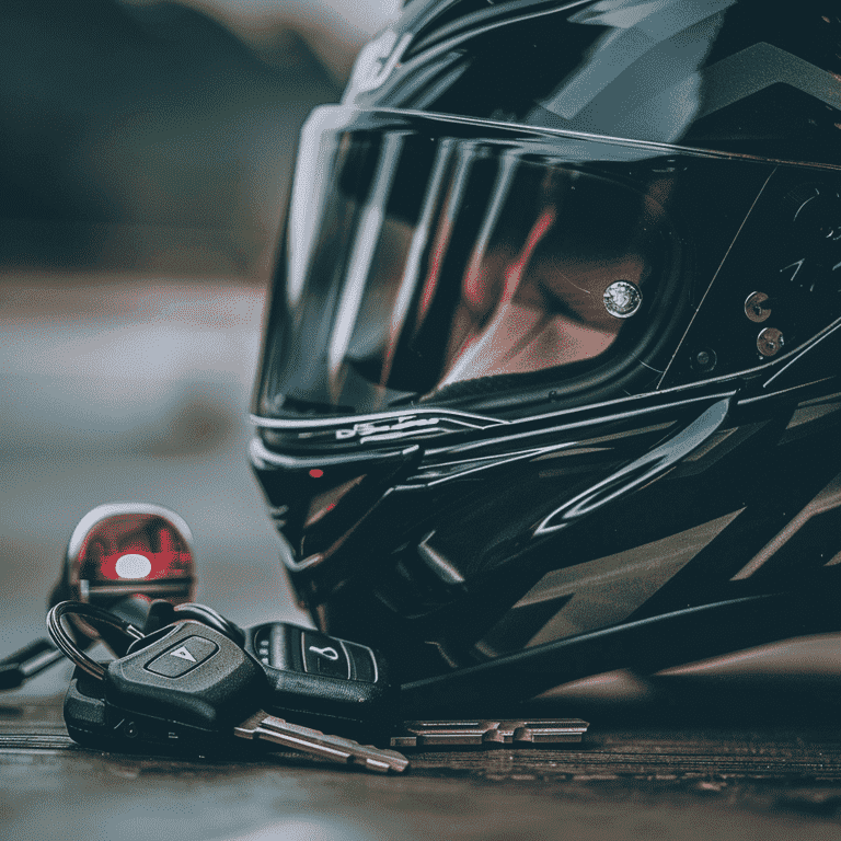 Motorcycle helmet and keys with a police light, symbolizing DUI risks.