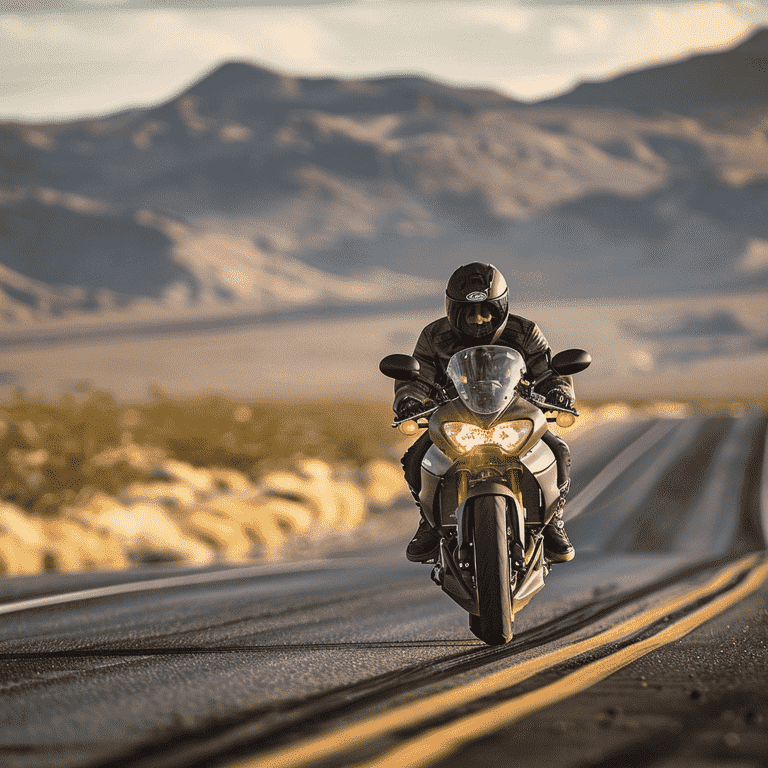 Motorcyclist demonstrating safe riding practices on a Nevada road.
