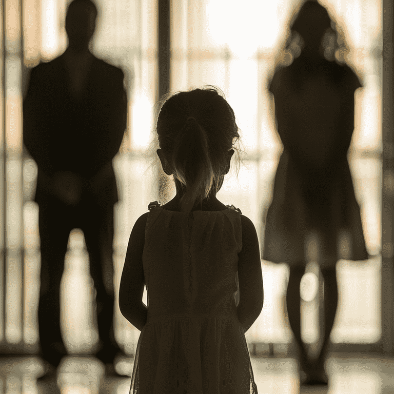 Child standing between two adults representing the benefits of hiring a child support lawyer