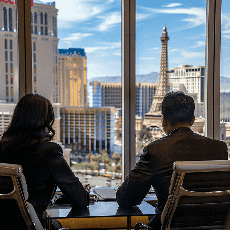 Lawyer consulting with a client in an office with the Las Vegas Strip visible through the window