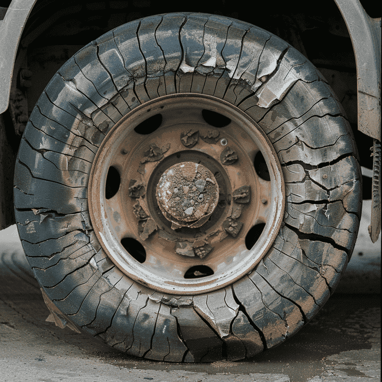 A worn-out big rig truck tire with visible damage