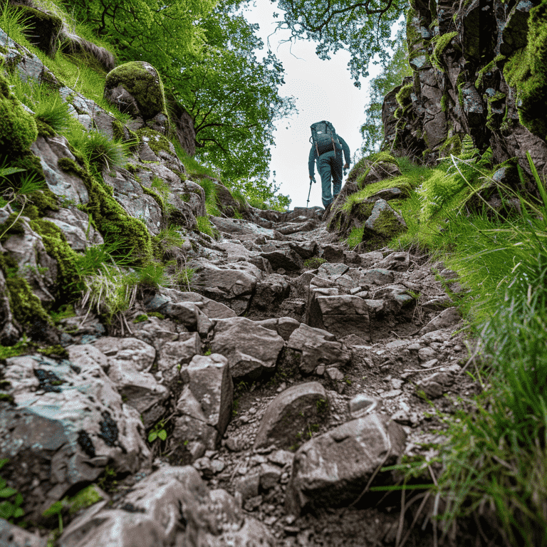 Person climbing a steep rocky path, representing challenges and considerations in adoption