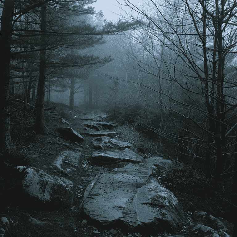 Rocky, winding path through a misty forest, representing challenges and considerations in international adoption