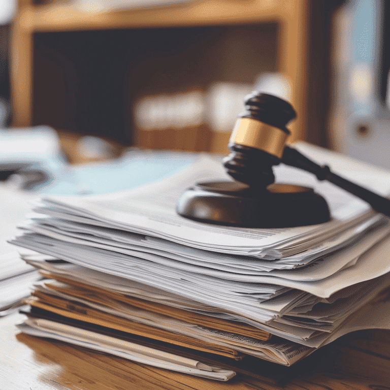 Stack of legal documents and a gavel on a desk.