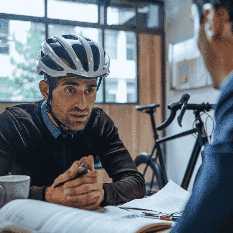 Cyclist consulting with a lawyer in an office setting