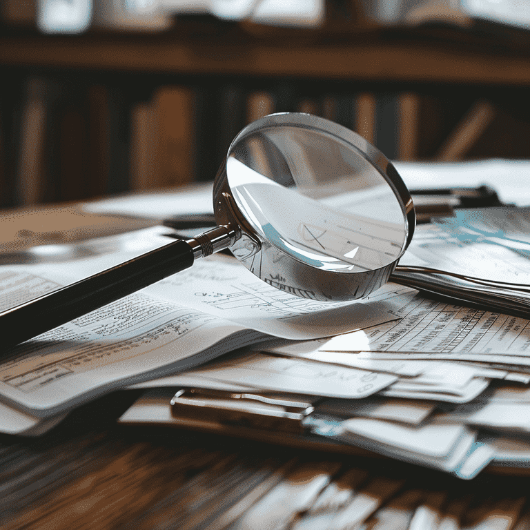Magnifying glass over documents, representing the discovery process in a divorce case