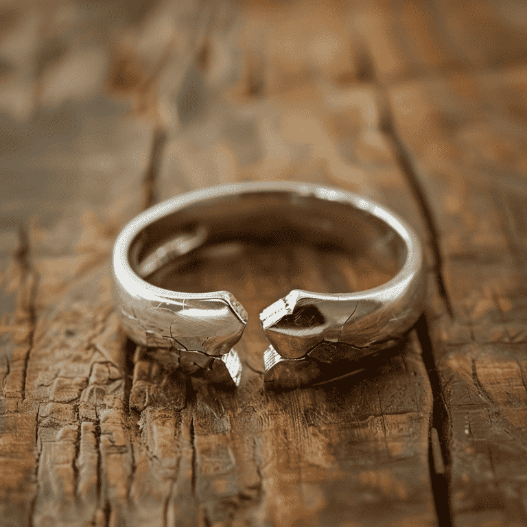 Broken heart or cracked wedding ring, representing the concept of divorce