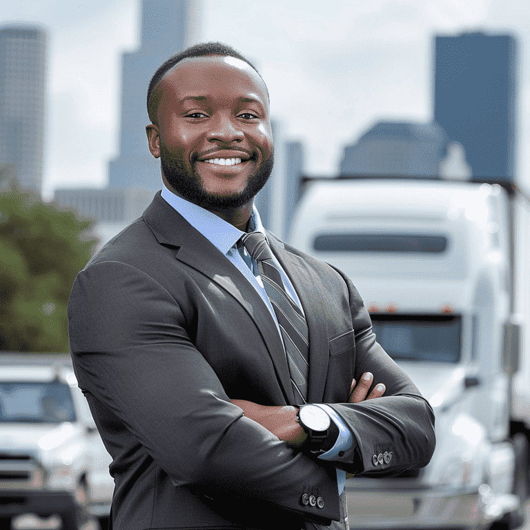 A professional attorney portrait with a semi-truck and city skyline background