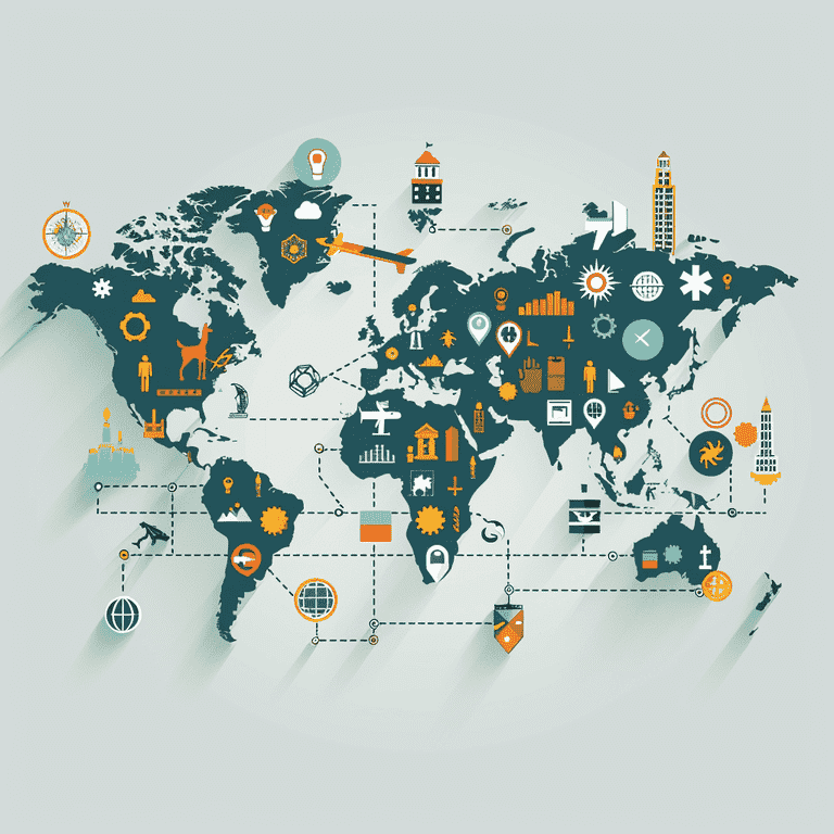 World map with icons representing factors influencing international adoption laws