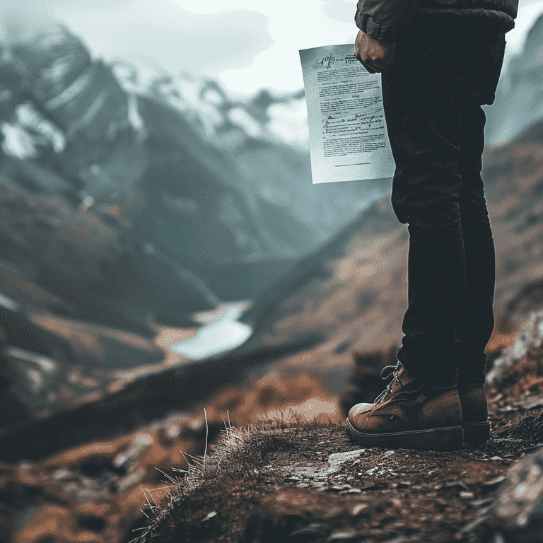 Person standing at the base of a mountain with a divorce petition, representing filing the petition