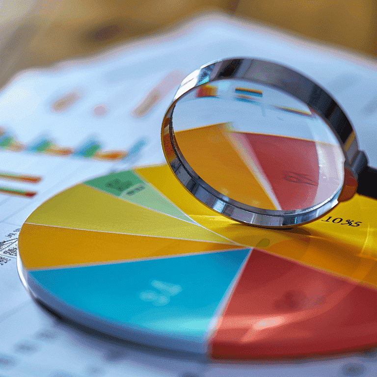 Magnifying glass over a pie chart of financial assets and liabilities, representing financial disclosures in divorce