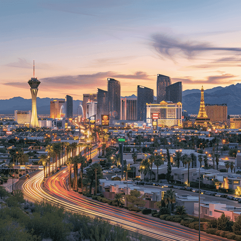 Las Vegas cityscape at dusk with prominent landmarks