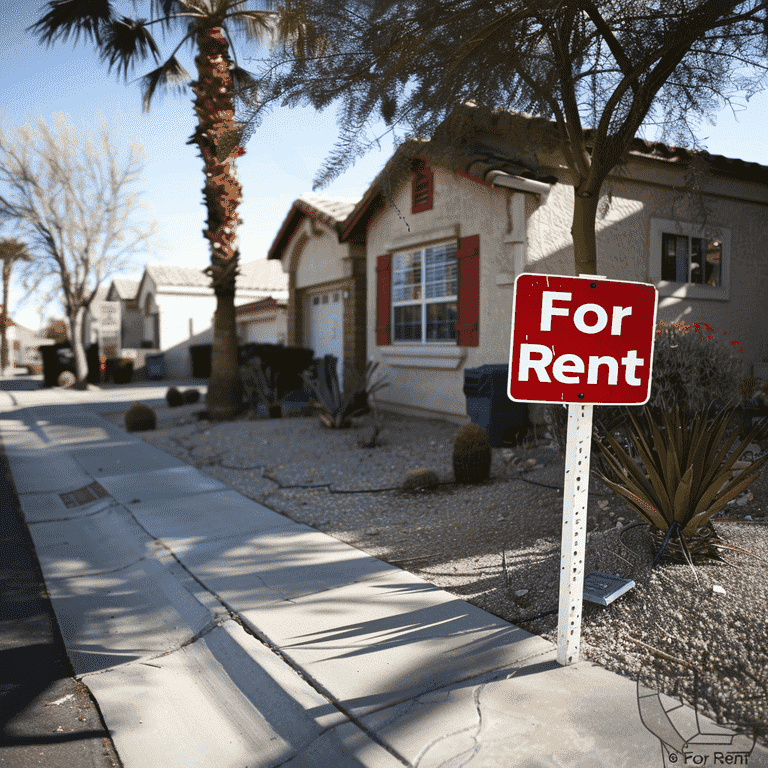 Las Vegas neighborhood with a 'For Rent' sign in front of a house
