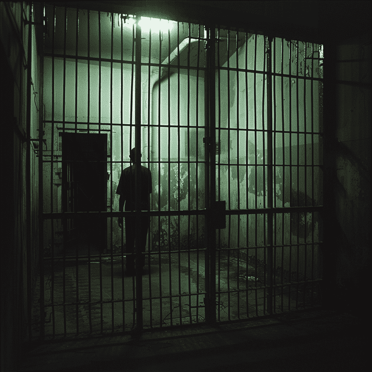 Person standing behind bars in a dimly lit space, representing legal principles governing false imprisonment