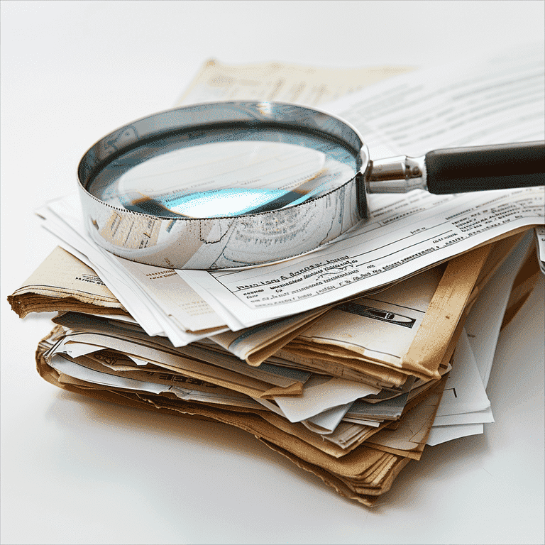 Magnifying glass over a stack of documents, representing the documentation and evidence required for modifying spousal support