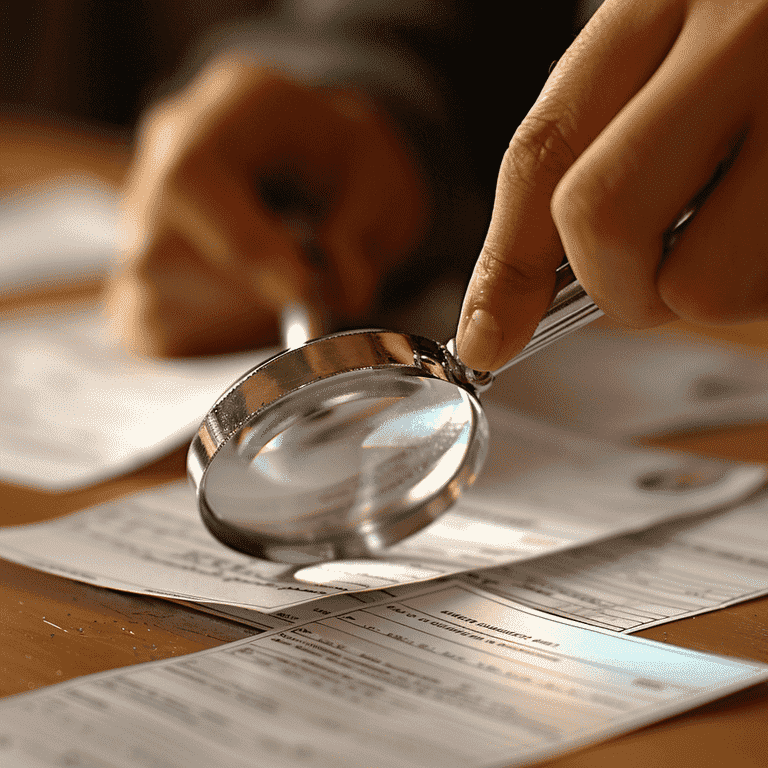 Person holding a magnifying glass over lawyer profiles, representing the process of finding the right legal representation for modifying spousal support