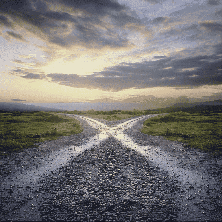 Fork in a road with one path leading to a bright horizon and the other to a dark future, representing the outcomes of grand jury proceedings