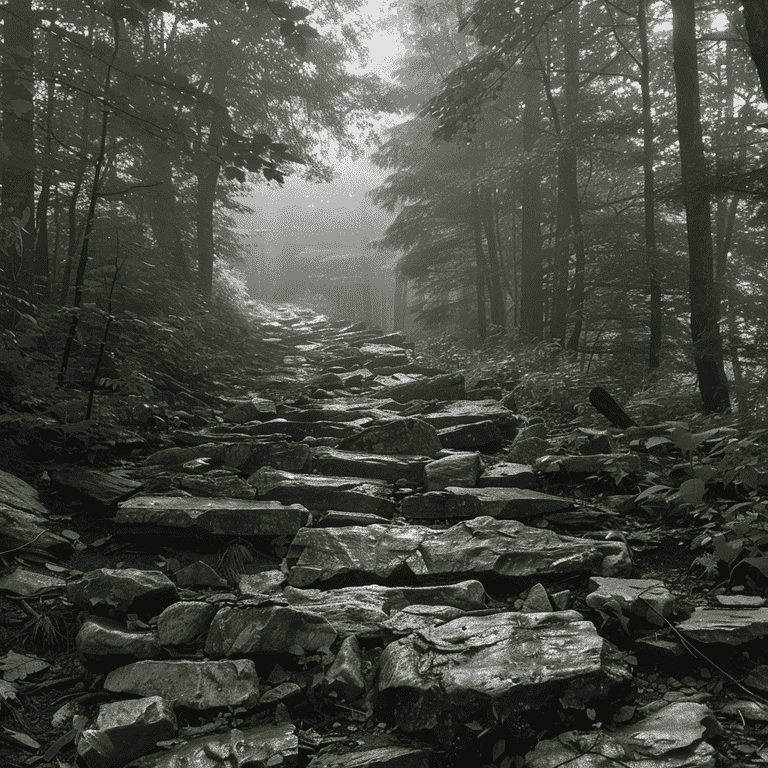 Rocky path through a misty forest, representing potential challenges in divorce mediation