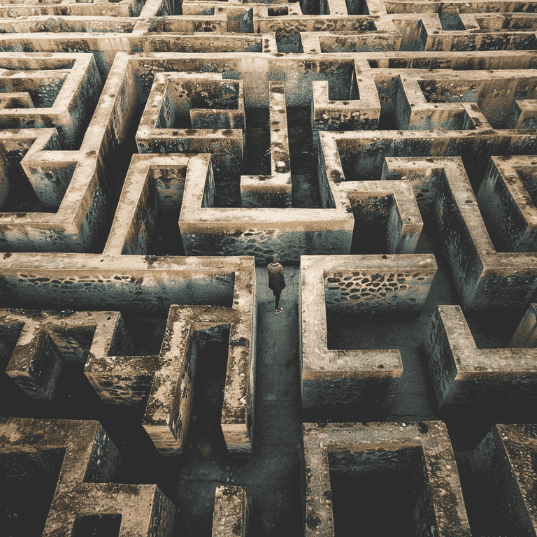 Person navigating a maze representing potential challenges and pitfalls in post-divorce modification cases
