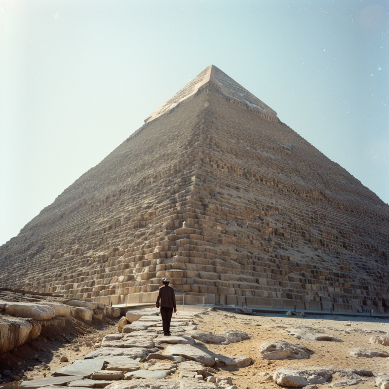 Person standing at the bottom of a large, three-dimensional pyramid structure, looking up at the distant peak, representing the imbalance and inequity of pyramid schemes