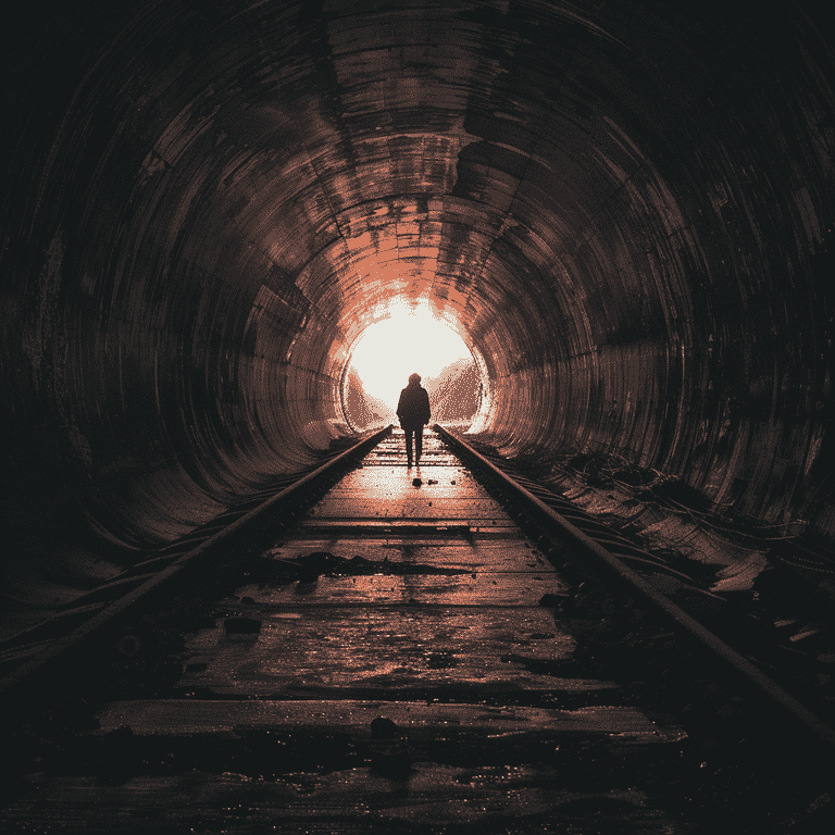 Person standing in the light at the end of a dark tunnel, representing remedies and damages for false imprisonment