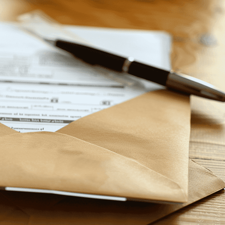 Open envelope with divorce papers, pen, and blank legal document, representing responding to divorce papers