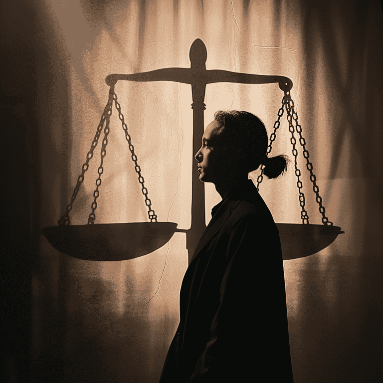 Person's silhouette standing tall with a shadow of the scales of justice on the wall behind them, representing the rights of individuals in grand jury proceedings
