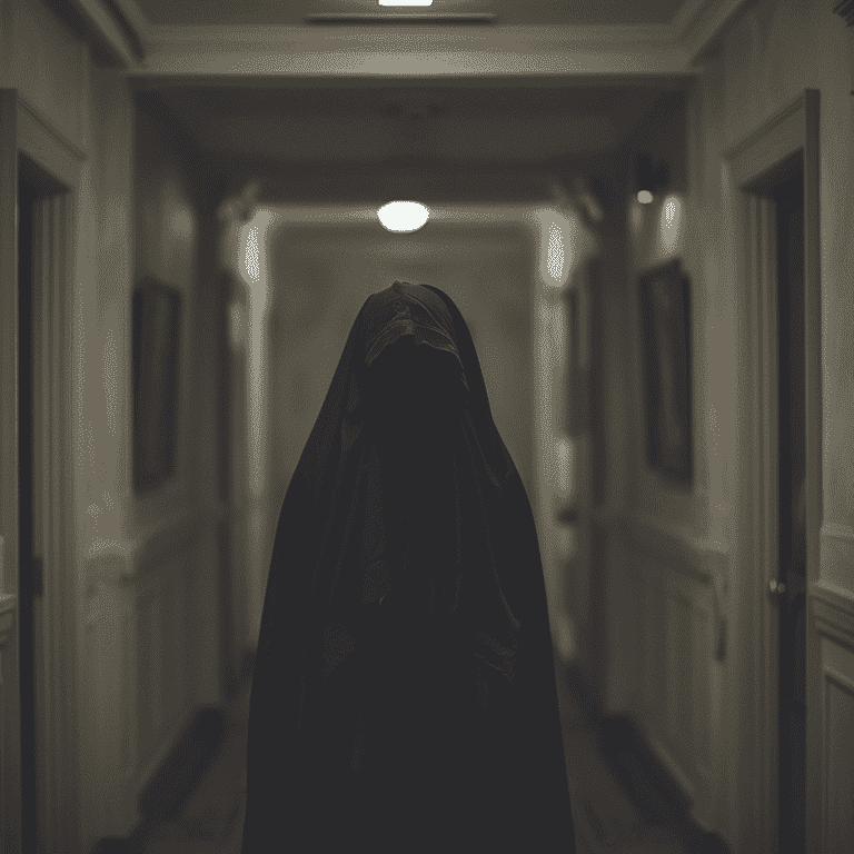 Person wearing a black hooded cloak with obscured face in a dimly lit room, representing secrecy in grand jury proceedings