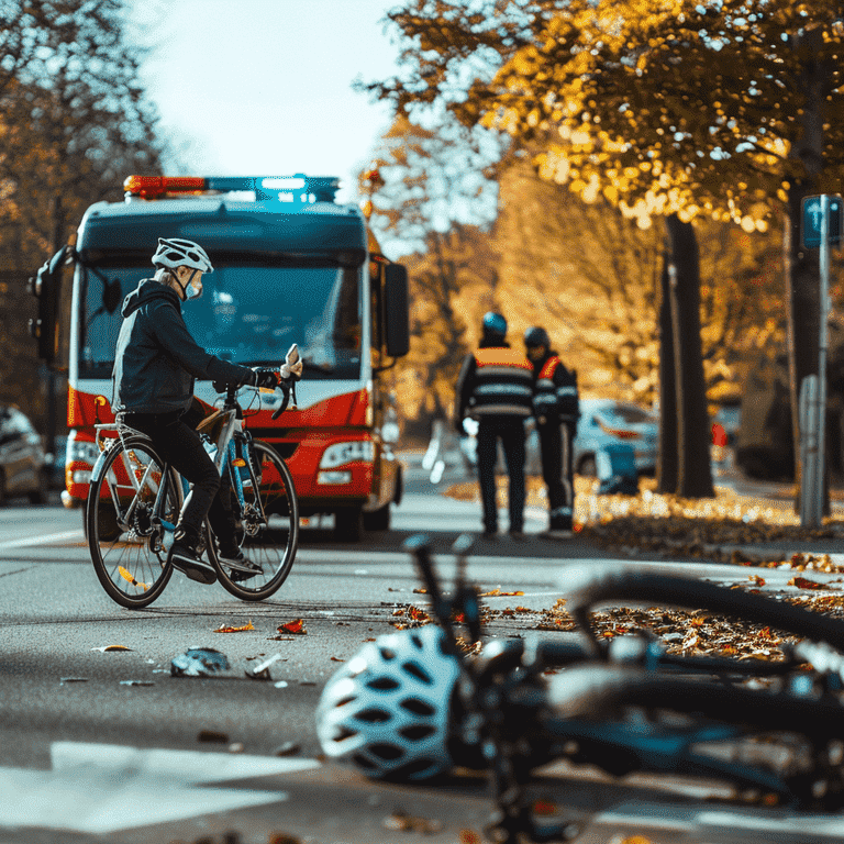  Bicycle accident scene with a cyclist making a phone call and an emergency vehicle arriving.