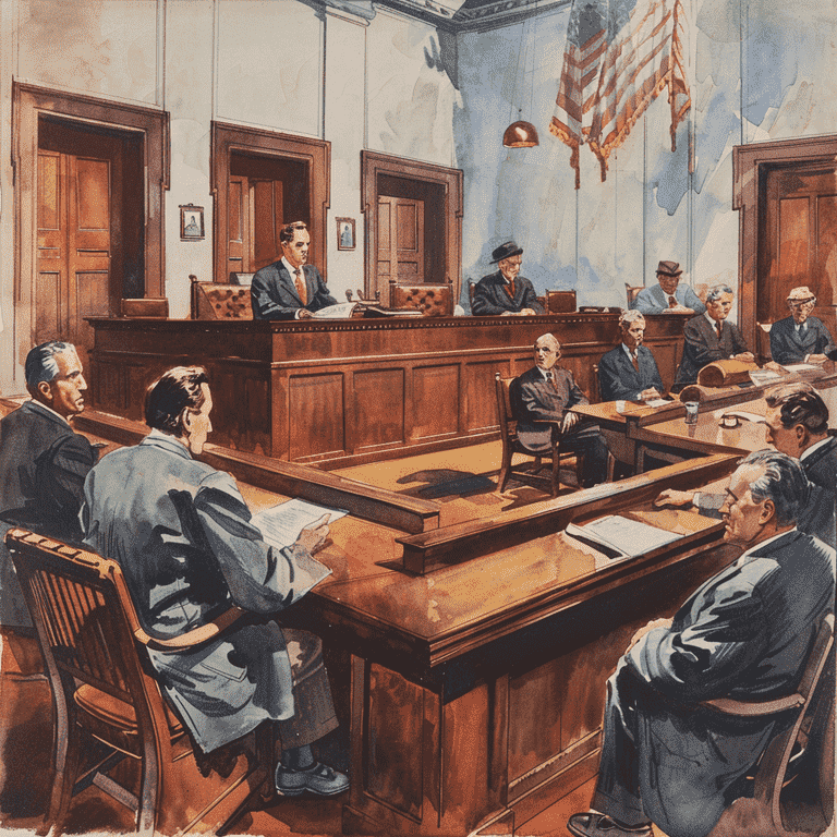 Courtroom scene with a judge, lawyers, and a witness testifying.