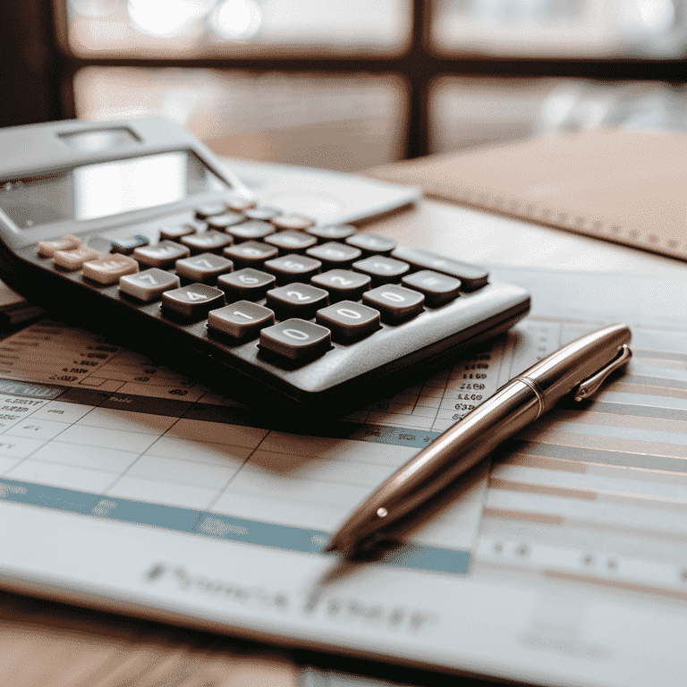 Calculator, pen, and financial documents on a desk, representing tax implications and financial planning in adoption