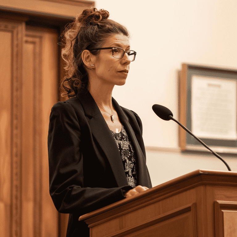 Person standing confidently at a courtroom podium, representing tips for success in divorce court