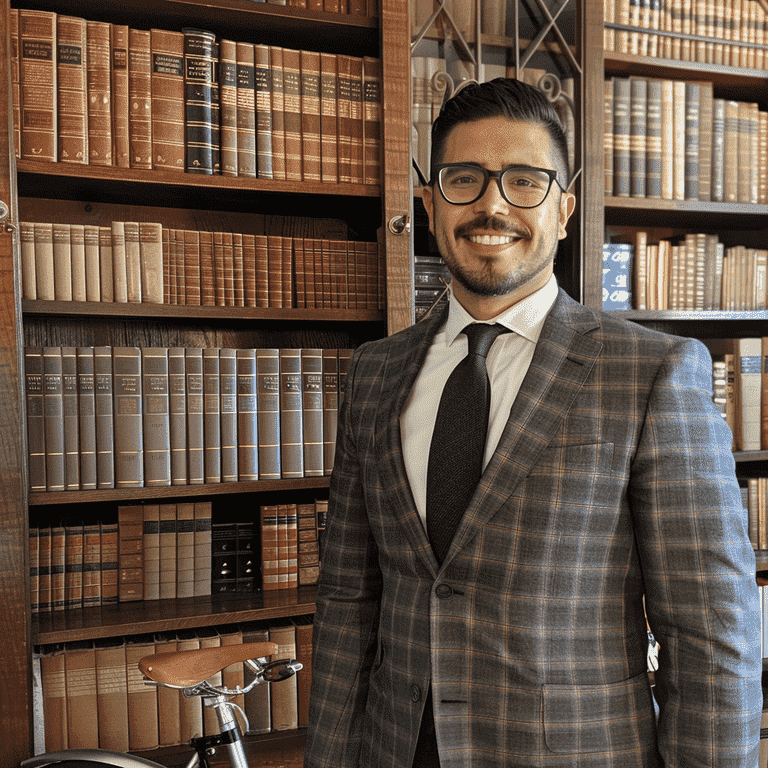 Professional attorney standing in front of a bookshelf with legal books and a bicycle in the background