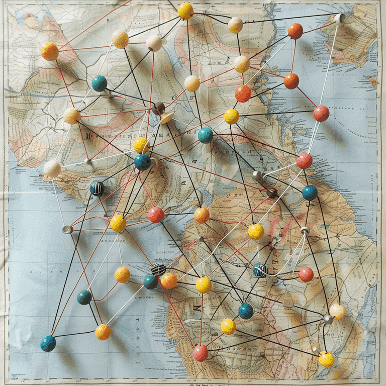 Map with pins connected by strings forming a complex web, representing understanding relocation laws