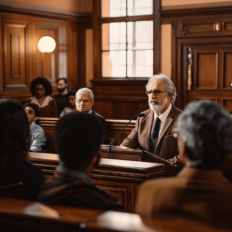 A judge in a courtroom delivering a decision with attentive participants.