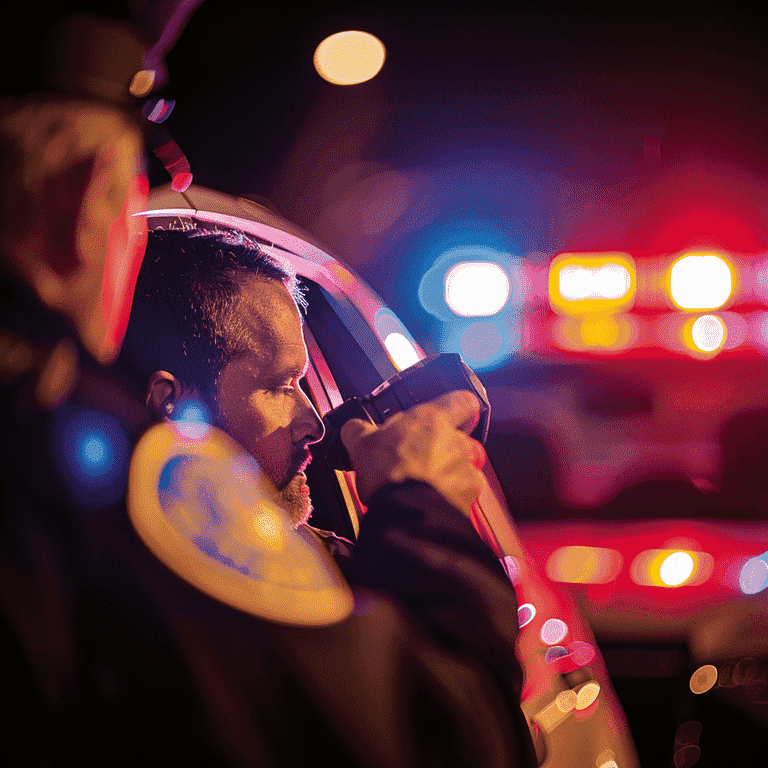 Police officer administering a breathalyzer test during a night traffic stop