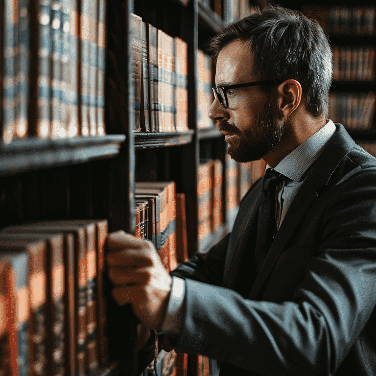 Person in professional setting looking at law books