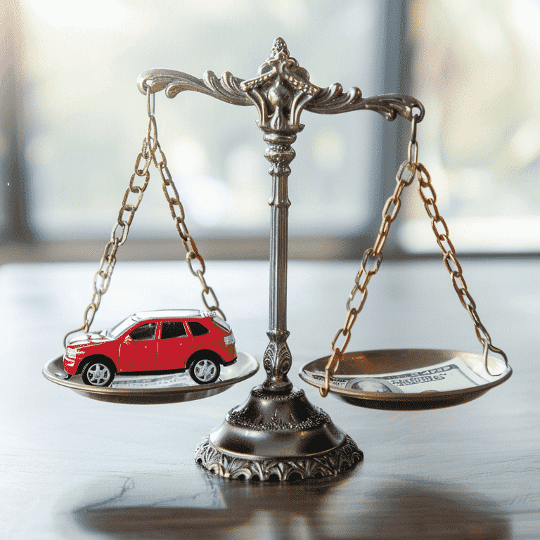 Scale of justice with a car model and money