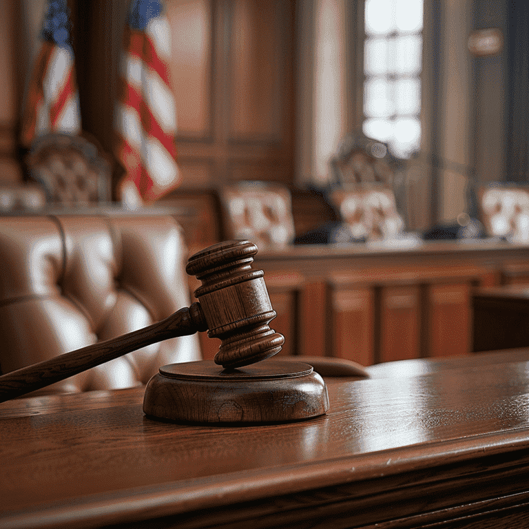 Courtroom with judge's gavel on desk