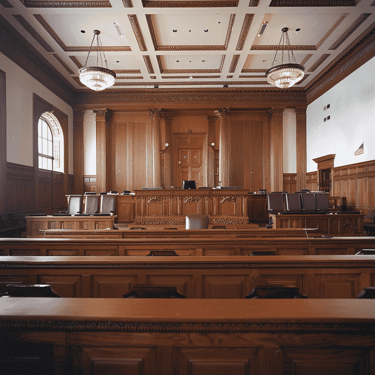 Courtroom with a judge’s bench, lawyers' tables, and an empty witness stand.