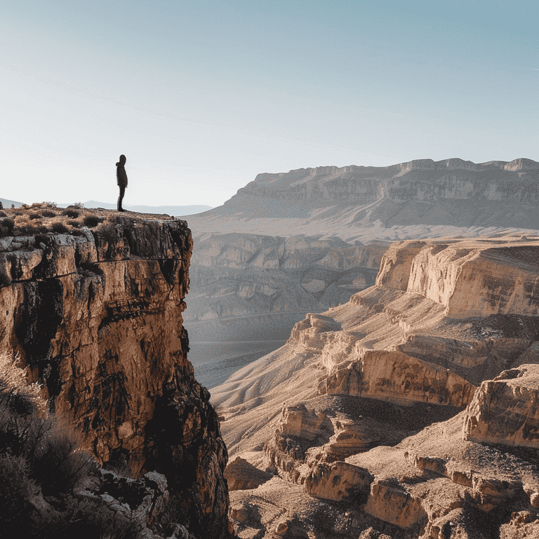 A person standing at the edge of a canyon in the desert, looking out at the vast landscape